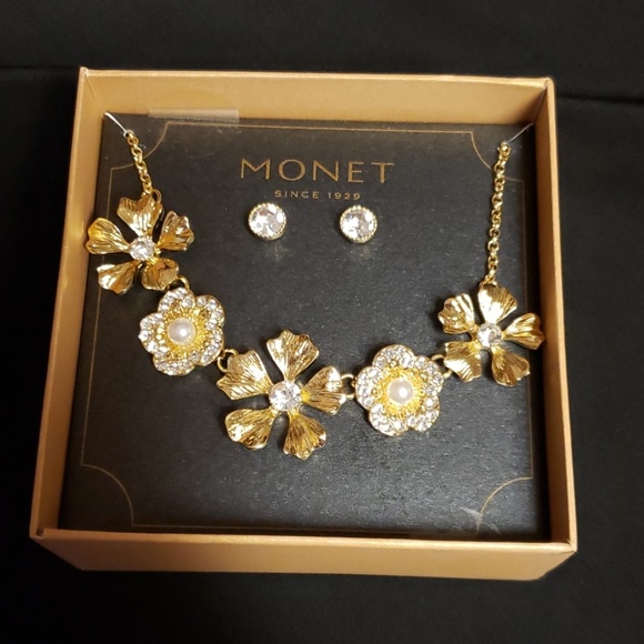 Monet Jewelry - Monet flower necklace earring set cz, pearl, gold Art deco modern unique